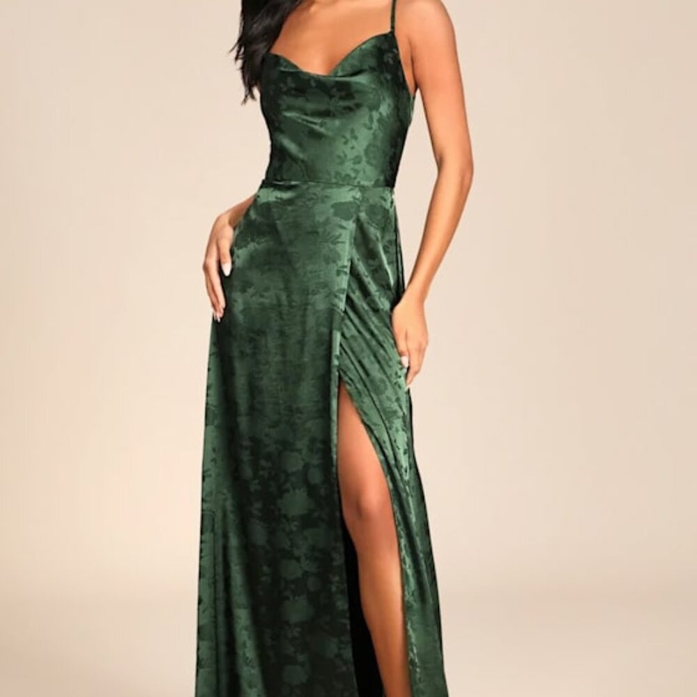 Lulus Simply Dreamy Emerald Green Satin Floral Jacquard Maxi Dress - Size 1X